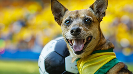 Excited dog smiles with soccer ball ready for the game celebration