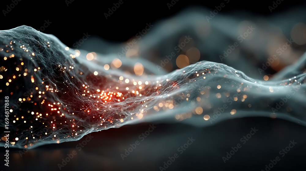 Poster A stunning visual of glowing particles flowing through a smooth, flowing surface, creating an ethereal atmosphere.