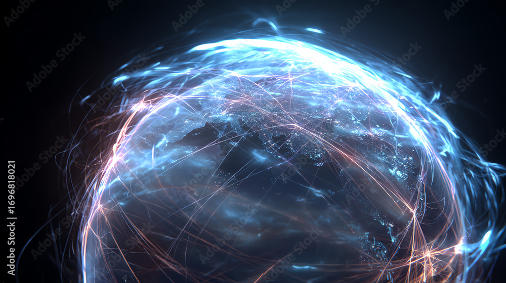 Poster a stunning visual representation of global connectivity through glowing lines and intricate patterns