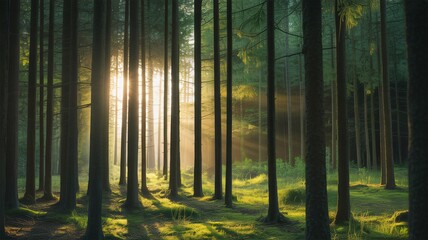 Golden sunbeams pierce lush green forest canopy, illuminating a serene woodland path