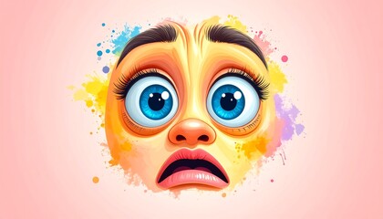 Cartoon face expressing surprise with splash watercolor on pastel background