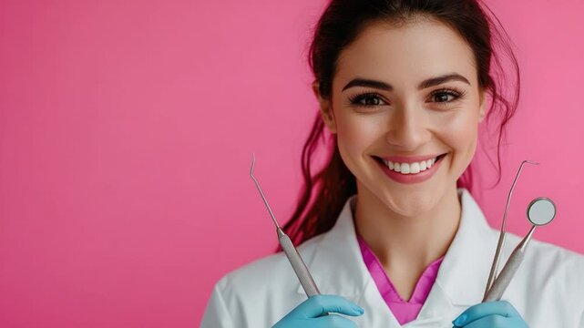 A woman in a white lab coat and blue gloves holds scissors, perfect for medical or scientific illustrations
