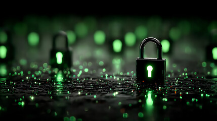 A surreal depiction of glowing green locks symbolizing security and protection in a digital world.