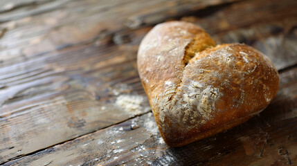 Rustic heart shaped bread baked to perfection on a wooden surface texture