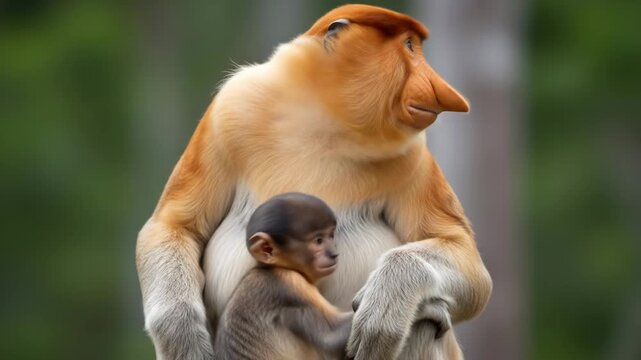 A mother proboscis monkey with her baby clinging to her, showcasing their unique features and a tender moment in their natural habitat