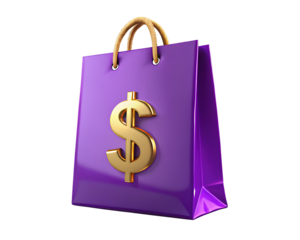 Purple shopping bag with golden dollar sign isolated on a transparent background 2