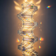 Abstract 3d rendering of a glowing crystalline dna helix with golden light and particles