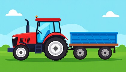 Red Tractor with Blue Trailer on a Green Field Under a Blue Sky.