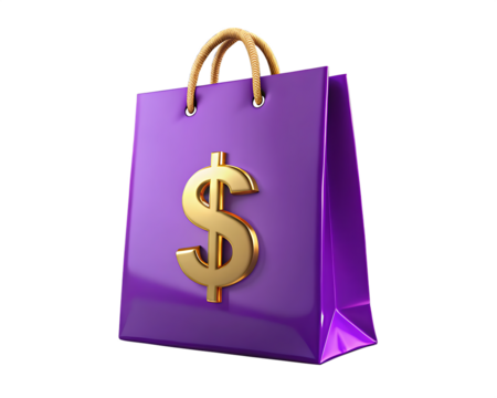 Purple shopping bag with golden dollar sign isolated on a transparent background 2
