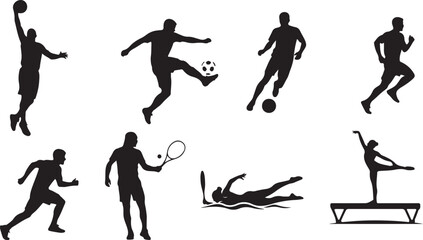 Diverse Sports Silhouettes Representing Athleticism A Dynamic Collection Showcasing Basketball, Soccer, Tennis, Swimming, Running, and Gymnastics Activities and Players