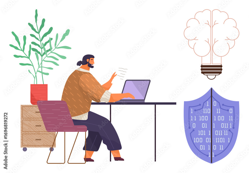 Poster person working on laptop at desk, next to a plant, symbol of shield with binary code for cybersecuri