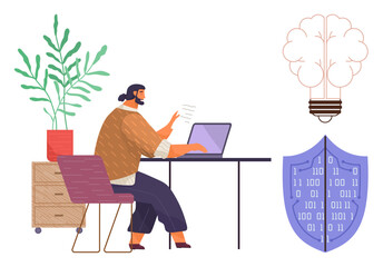 Person working on laptop at desk, next to a plant, symbol of shield with binary code for cybersecurity, and a light bulb for creativity. Ideal for technology, innovation, remote work, productivity