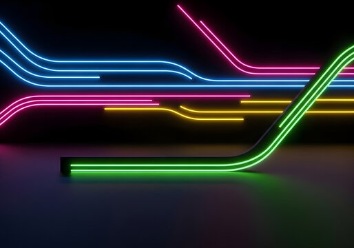 Vibrant neon light trails in blue, pink, yellow, and green on a dark background, creating an abstract digital data flow.