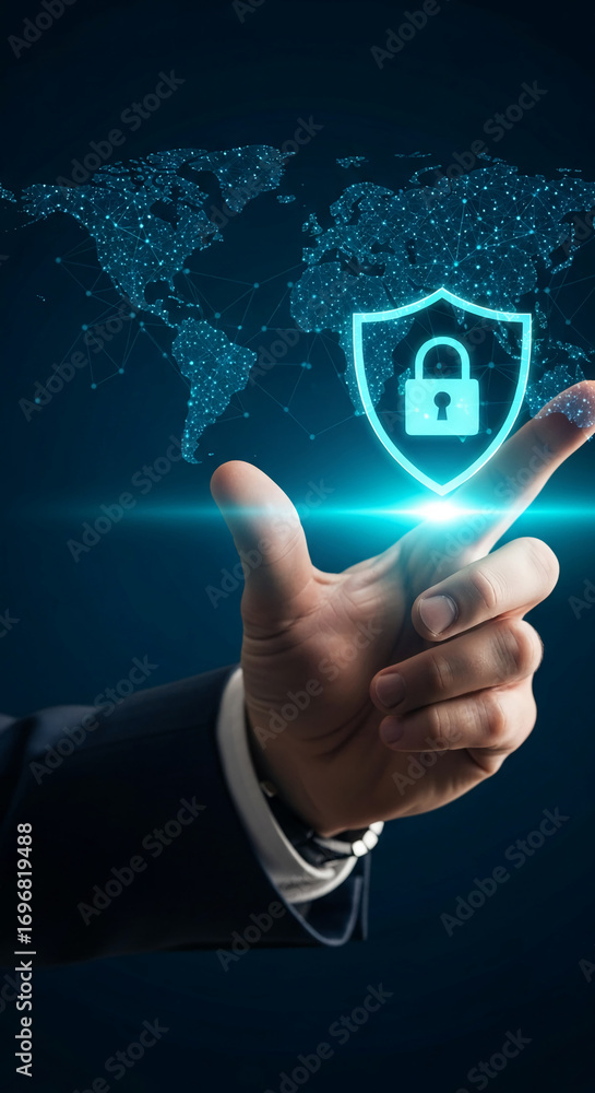 Poster hand interacting with glowing shield and padlock icon over digital world map, symbolizing global cyb