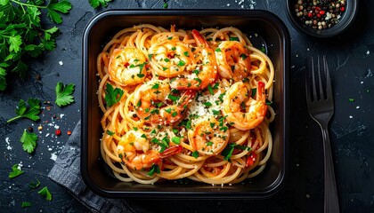 Delicious Shrimp Scampi Pasta Dish with Fresh Parsley Garnish.