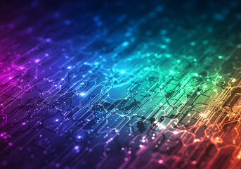 Futuristic motherboard circuit with glowing, colorful, and vibrant light trails representing data and innovation.