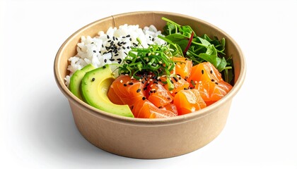 Fresh Salmon Poke Bowl with Avocado and Rice.