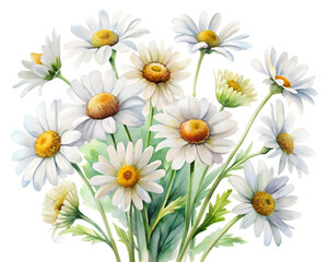Fototapeta premium Watercolor Daisy Bouquet Illustration with Delicate Details on transparent background