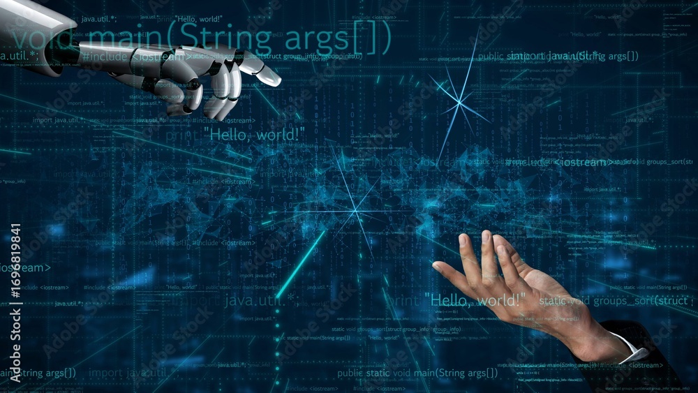 Poster a striking image capturing the interaction between a robotic hand and a human hand, set against an a
