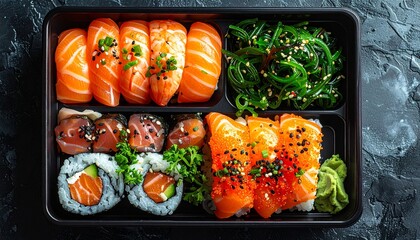 Delicious Salmon Sushi Bento Box with Seaweed Salad and Wasabi.