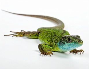 Fototapeta premium Vibrant green lizard with bright blue throat basking on a clean white surface
