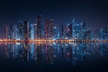 Fototapeta premium Stunning modern city skyline illuminated at night with vibrant reflections shimmering on calm water surface