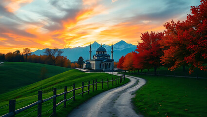 Fototapeta premium Photograph featuring a picturesque autumn scene. In the foreground, a winding path leads through lush green hills
