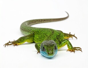 Naklejka premium Vibrant green lizard with striking blue throat against a clean white background