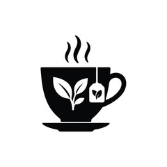 Herbal Tea Cup Icon Vector – Hot Beverage Mug with Steam, Leaf, and Teabag Silhouette for Cafe, Organic Drink, and Wellness Design