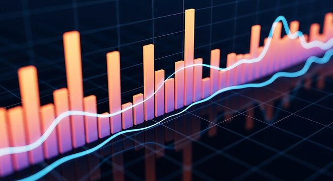 Financial stock market graph with rising bars and line chart