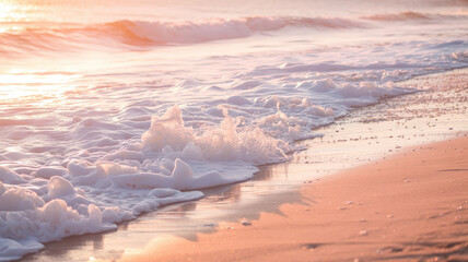 Gentle waves washing ashore on a sandy beach at sunrise with soft pastel colors in the sky above it