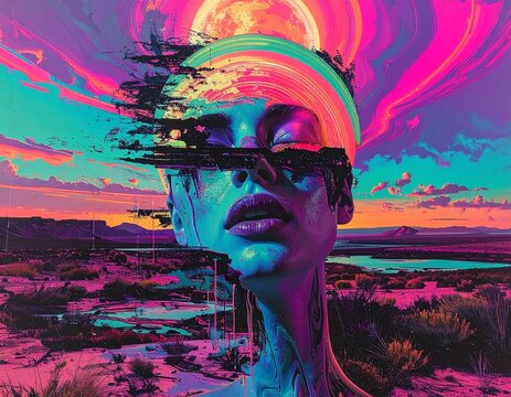 Surreal portrait of a woman's face dissolving into a vibrant, cosmic desert landscape.