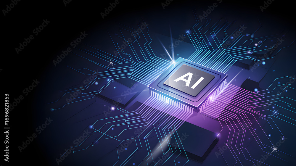 Poster ai circuit board: an advanced ai circuit board with interconnected circuits, glowing with a neon aur