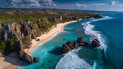 Aerial view of pristine tropical beach with turquoise water and white sand 