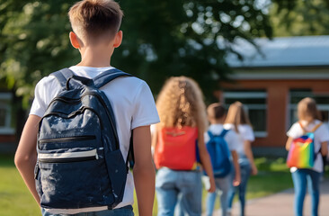 Boy walking on school path with backpack, suitable for education, school, and back-to-class concepts
