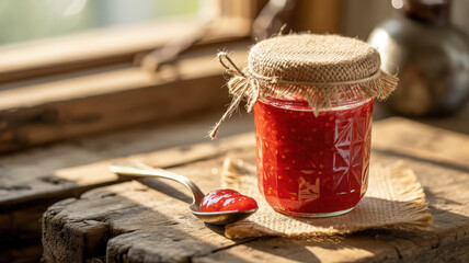 A jar of homemade jam with a spoon of jam on a rustic wooden surface near a window in bright sunlight