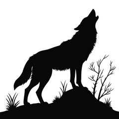 Black silhouette of a wolf howling on a hill with bare branches animal wild
