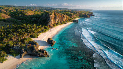 Aerial view of pristine tropical beach with turquoise water and white sand 