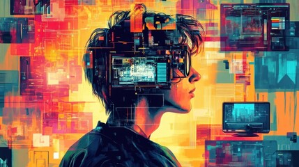 Abstract profile of programmer immersed in digital code and vibrant data flow