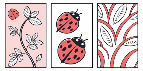 Fototapeta premium Ladybug and plant elements in a repeating pattern