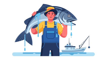 The Fisherman's Prize: A triumphant fisherman proudly holds up a freshly caught, giant fish as a fishing boat waits. A snapshot of success in the open water