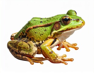 Obraz premium Vibrant green frog with detailed skin texture rests on a clean white background.