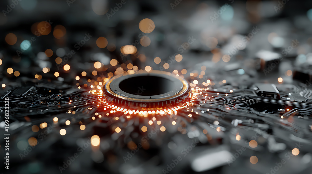 Poster abstract close-up of a circuit board with glowing lights, representing advanced technology and innov