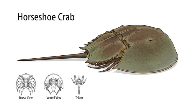 Detailed anatomical illustration of a Horseshoe Crab, showcasing dorsal, ventral, and telson views for scientific and educational study