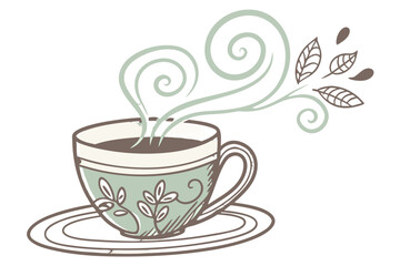 Steaming teacup with swirling steam and leaves