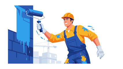 Painter Applying Blue Paint: A skilled painter is skillfully applying a vibrant blue paint to a wall, using a roller. A modern interpretation of the construction industry. 