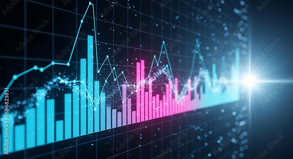 Poster abstract financial graph with bars and line chart on dark background
