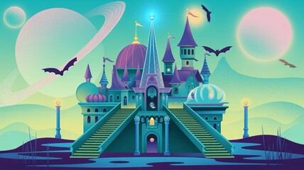 Mystical castle with glowing moon and flying bats under a starry alien sky