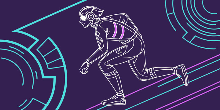 Futuristic runner in motion with neon geometric background