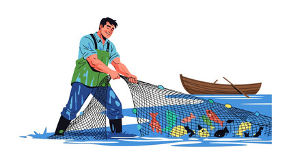 The Fishermen and Nets: A fisher standing in the sea, working diligently to pull in a full net, demonstrating the hard work and rewards of the fishing industry.